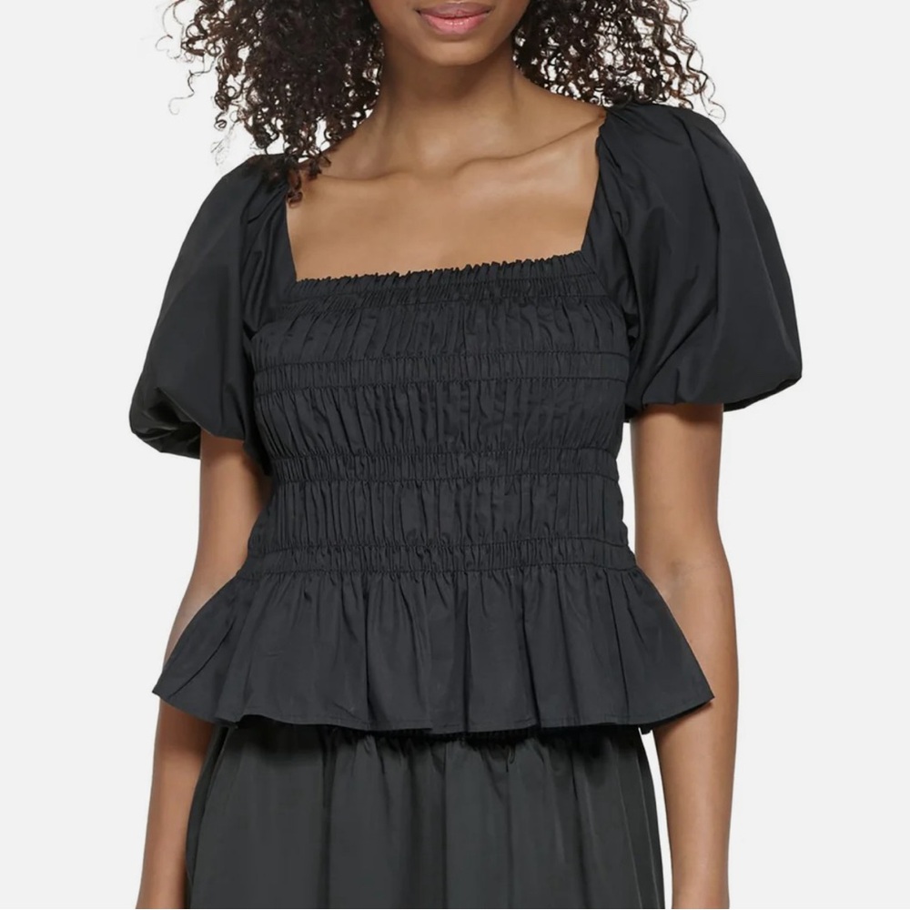 Womens Cotton Smocked Peplum Top Black